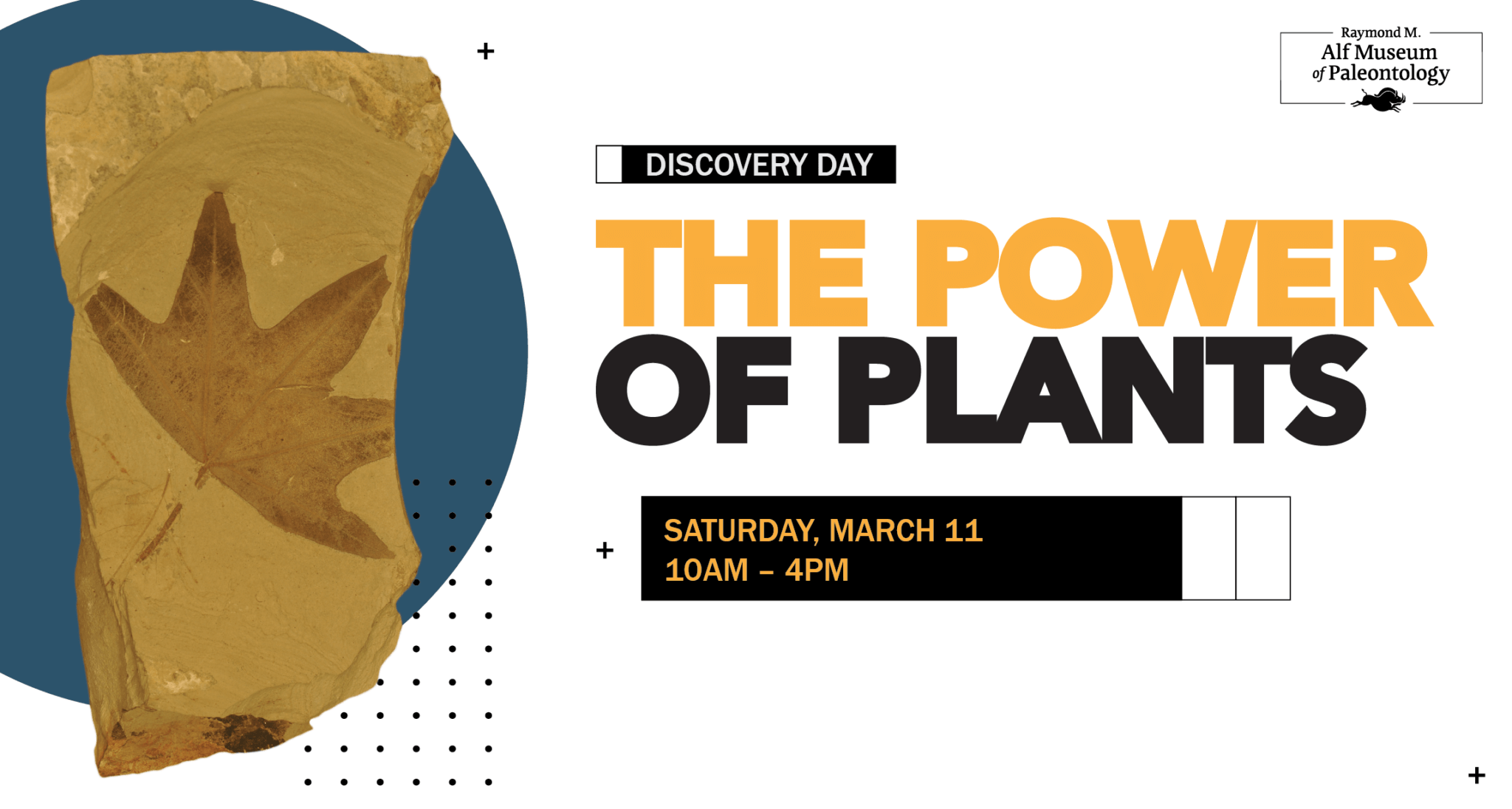 Plant impression over a blue circle on the left side of the graphic. Text reads: Discovery Day, The Power of Plants, March 11, 10am - 4pm.